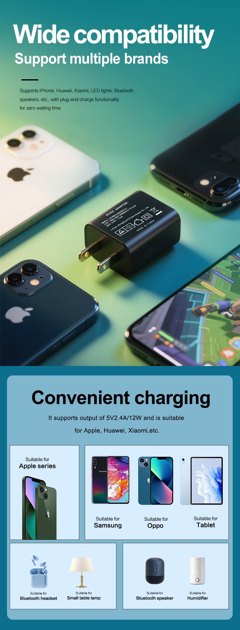 This compact 5V 2.4A Type-C USB-C AC Adapter or 5V 2.4A USB Type-C Wall Charger or USB charger USB-C port 5V 2.4A delivers 5V 2.4A output via its Type-C port, serving as an efficient AC adapter for fast charging of USB devices. 