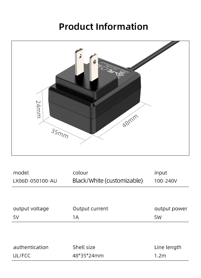This adapter provides a DC 5V 1A output, ensuring stable power supply for your device.