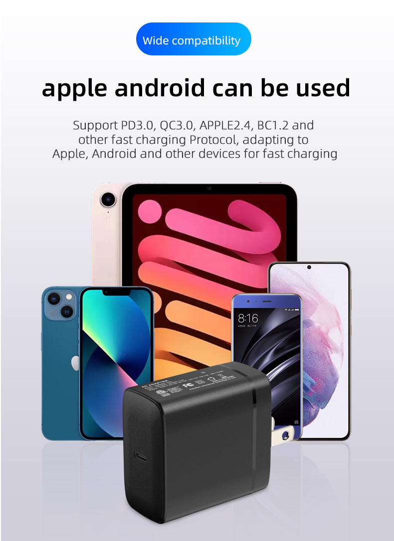 A 65-watt charger for Samsung devices provides rapid charging for Samsung phones, tablets, laptops, and other compatible devices that require a 65w charger.