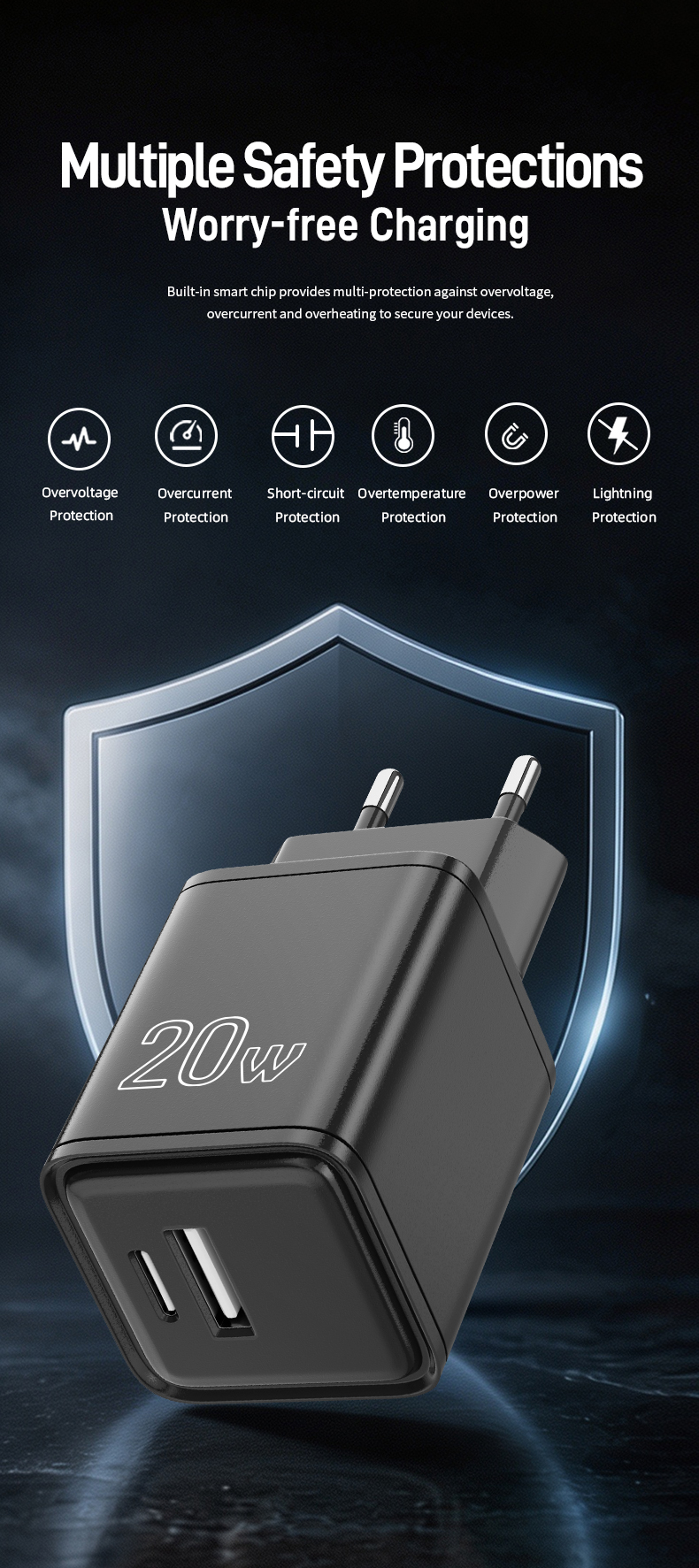 This safety-certified power adapter 20w supports PD fast charging, charges 50% battery in 30 mins, with full multi-layer protection, compact and ideal for all mainstream USB-C smartphones and small electronics.
