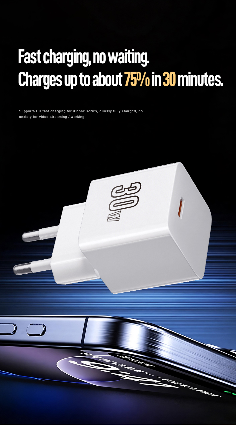 The 30W USB-C Gan Wall Charger delivers rapid PD 3.0 charging. Leveraging Gallium Nitride tech, it’s 40% smaller than standard adapters yet powers MacBook Air to 50% in 35 minutes. Features foldable plug, universal 100-240V input, and OVP/OCP/SCP protection.