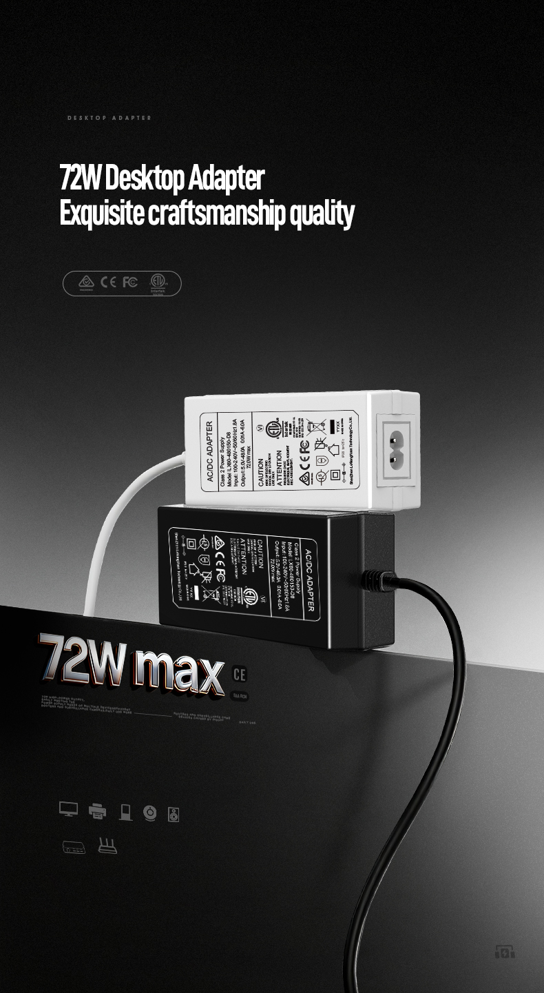 The 48V 1.5A AC DC Adapter delivers industrial-grade 72W DC power (48V×1.5A) for PoE switches, telecom systems, and industrial controllers. Featuring universal 100-240V input, overload/short-circuit protection, and CE/FCC certification. Ensures stable, efficient AC-to-DC conversion for 24/7 operation in demanding environments.