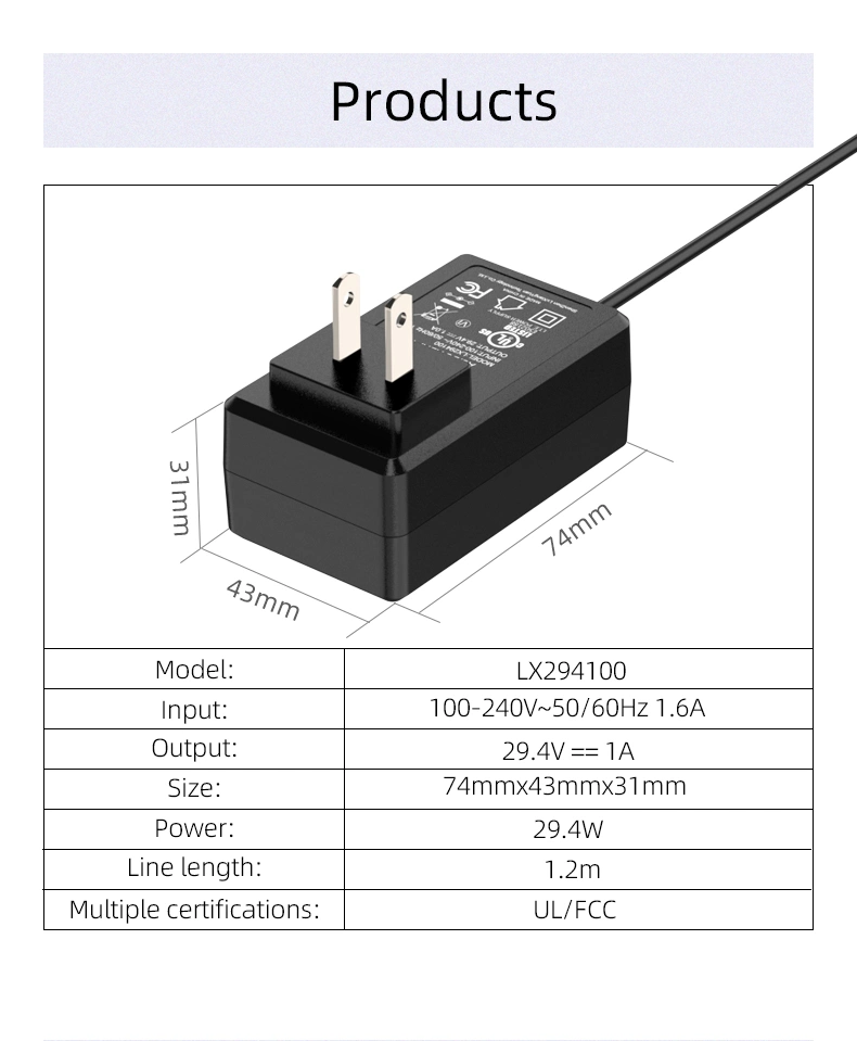This is a charger designed to charge lithium batteries with a nominal voltage of 29.4V. It provides a safe and reliable charging solution for high-capacity batteries commonly used in electric vehicles, power tools, and other applications.
