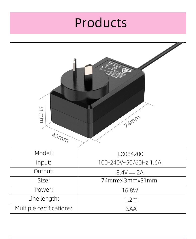 An 8.4 V DC charger is a device that can charge batteries or devices that require 8.4 volts of direct current. It typically comes with a DC cable and plugs directly into a power outlet.