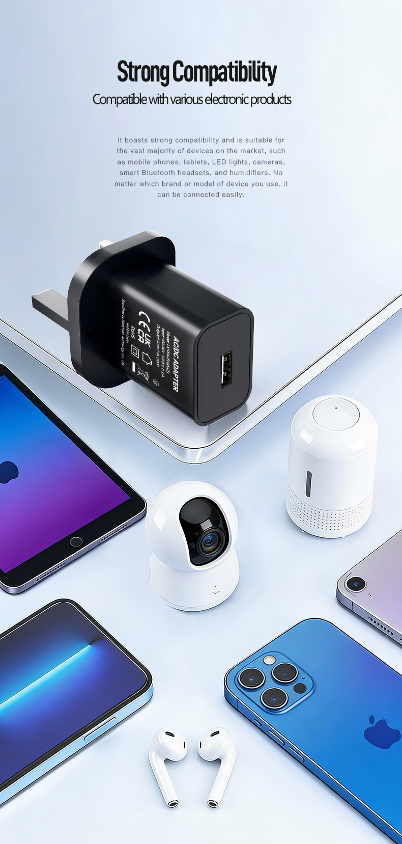 The charger 5v 2a delivers 10W fast charging as a compact 5v 2 amp adapter. This 5v 2a phone charger features dual USB-A ports, universal 100-240V input, and smart IC protection.
