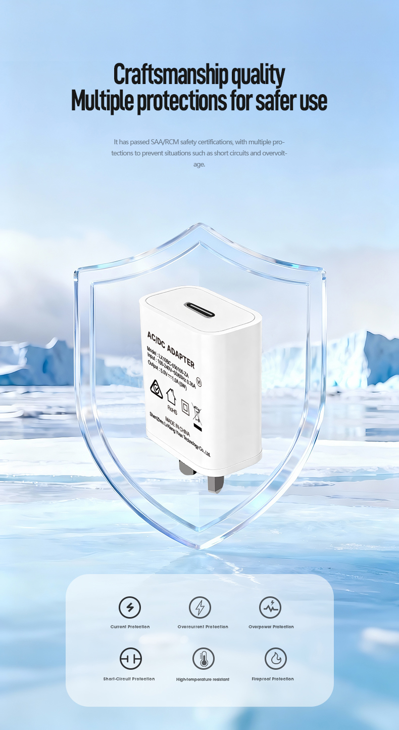 The USB C Power Supply 5V 1A delivers stable 5W DC power with universal 100-240V input. Features USB-PD compliance, over-current/short-circuit protection, and compact design. CE/FCC/RoHS certified for smartphones, IoT devices, and low-power electronics requiring reliable USB-C charging.