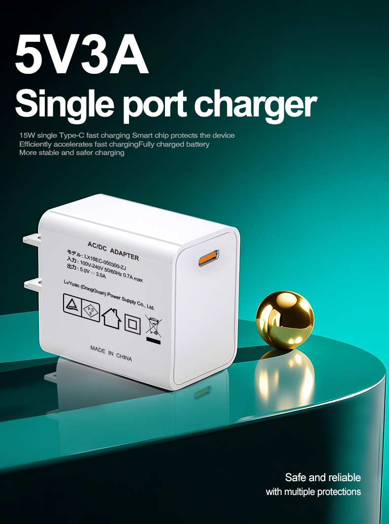 Compact USB-C mains charger 5V/3A delivers 15W fast charging directly from wall outlets. Powers smartphones, tablets, and USB-C devices with reliable 5V/3A output. Features plug-and-play convenience, built-in safety protocols, and universal voltage compatibility. An essential travel and home charging solution for modern electronics.