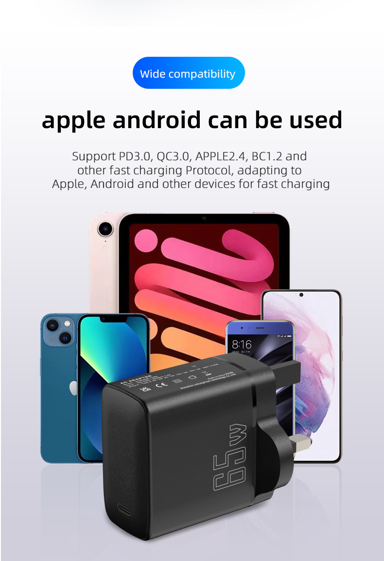 Compact and powerful, the GAN USB C charger or 65w power adapter or pd3 0 charger offers 65W power with PD3.0 technology for fast and efficient charging.