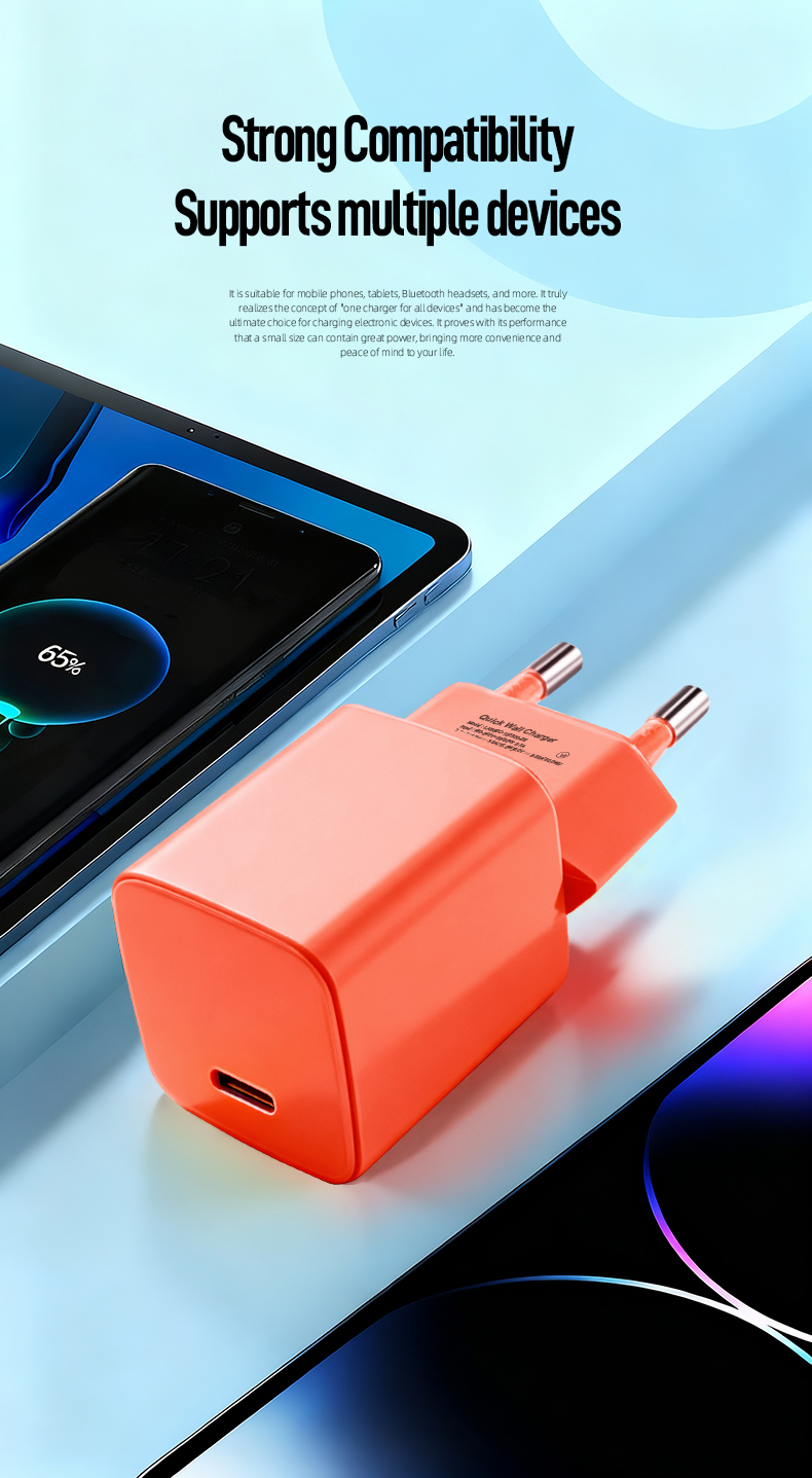 The charger 20w delivers rapid PD 3.0 charging. This compact 20w gan charger (GaN technology) operates as a 20W PD USB-C Charger for iPhones/Android. Features universal 100-240V input, foldable plugs, and safeguards against over-voltage/current. Charges to 50% in ~30 minutes.