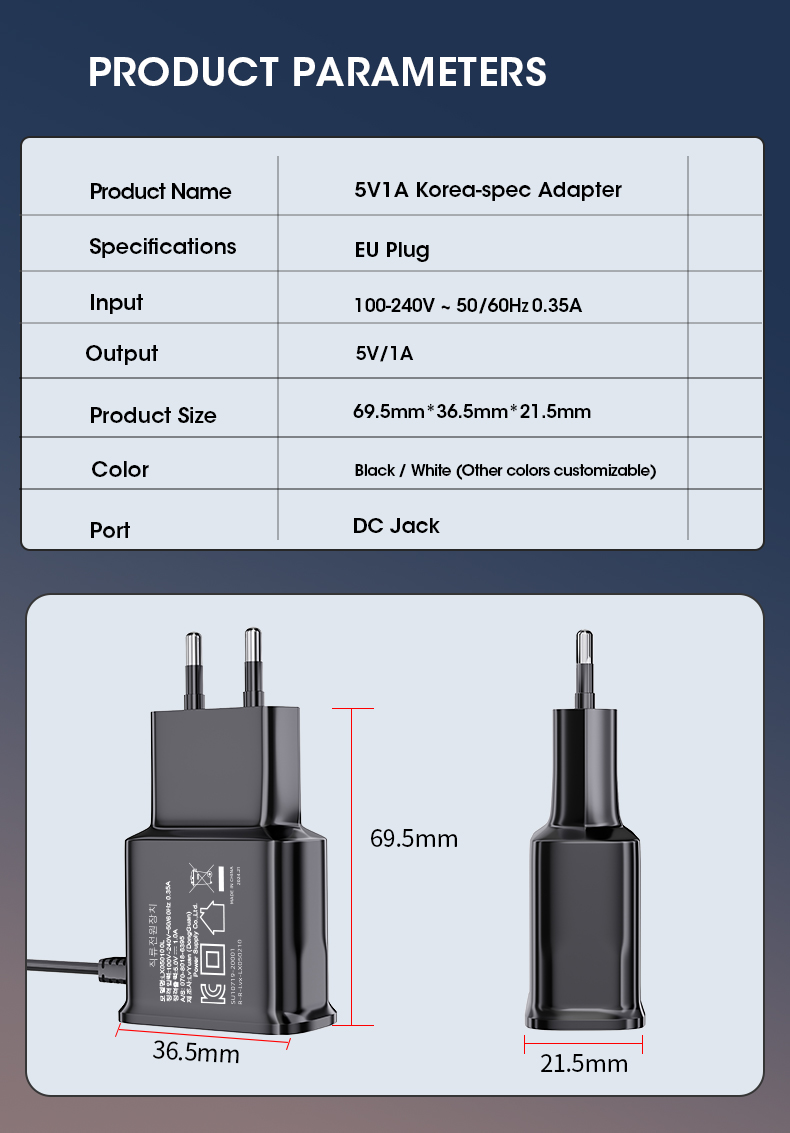 The 5V 1A power adapter is suitable for charging smartphones, tablets, and other small electronic devices.