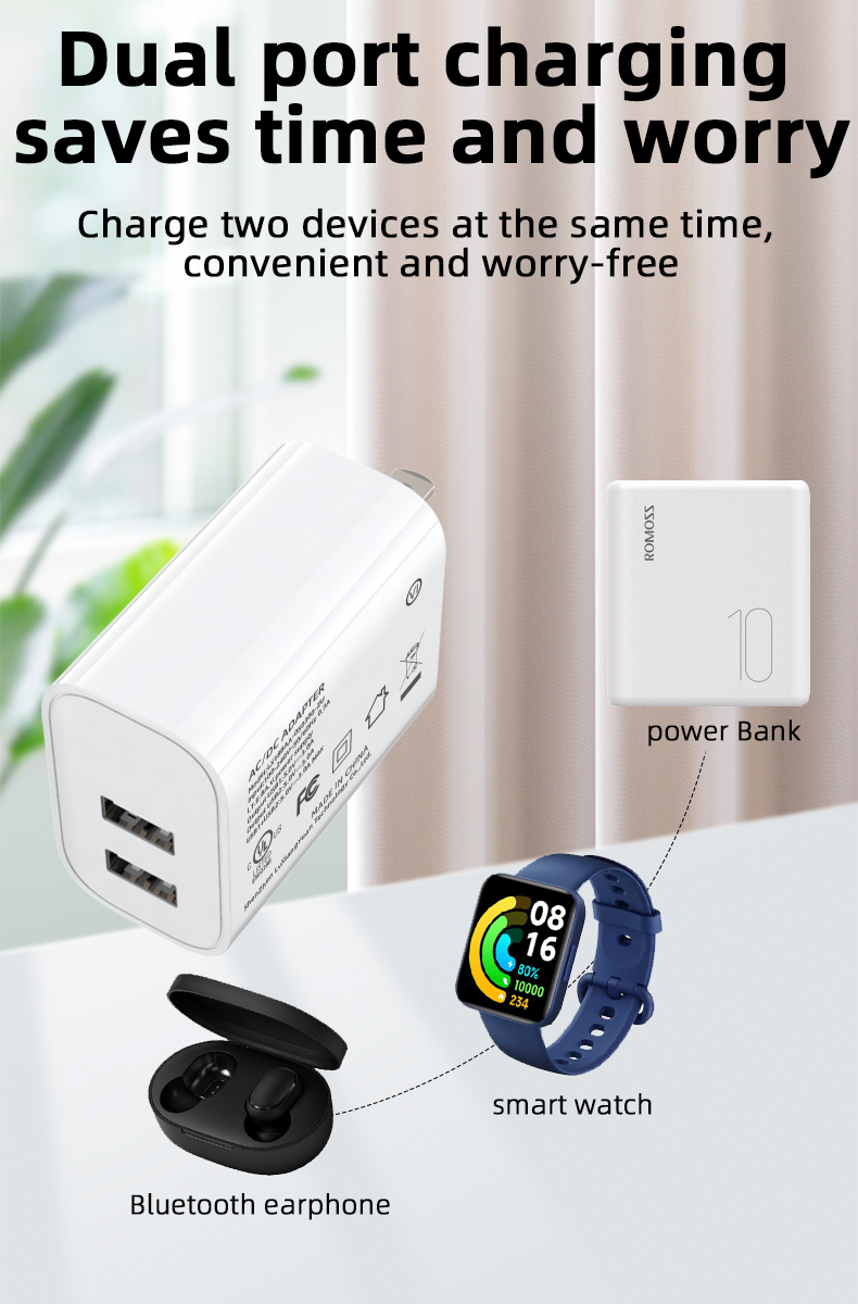 This 2 port wall charger can charge two devices at the same time through a wall outlet, providing a convenient and efficient way to keep your devices charged while at home or in the office.