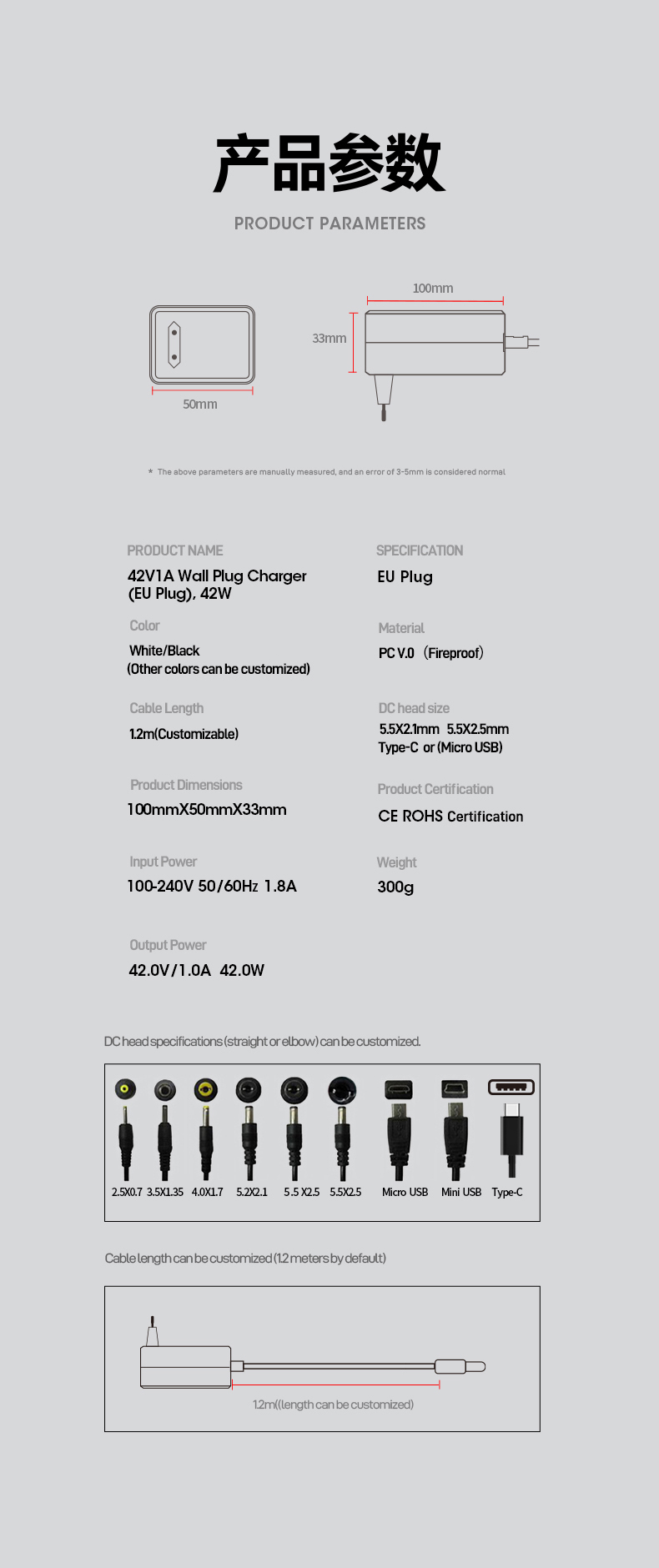 The 42V 1A charger delivers 42W power optimized for 10S Li-ion batteries (36V systems). Designed for e-bikes, scooters, and power tools, it features auto-shutoff at full charge, universal 100-240V input, and safeguards against overcurrent/overheating. CE/FCC certified for safe, efficient charging cycles.