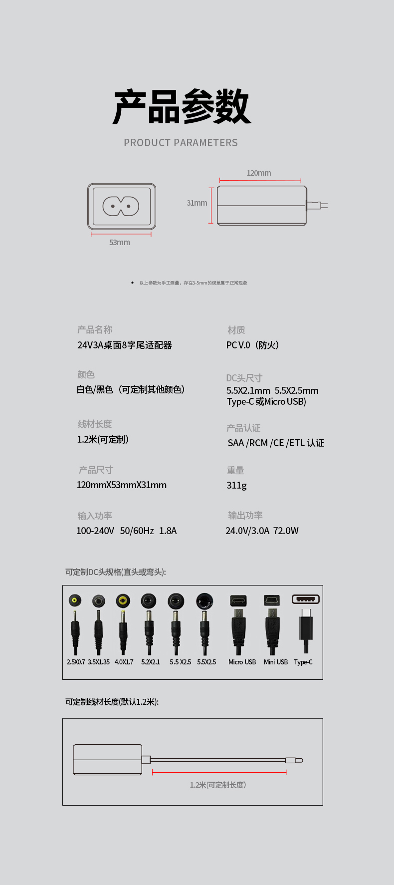 这款24V3A交流直流适配器可提供72W直流电源输出。经认证的24V3A直流电源适配器配备2.1mm直流插头，适用于监控系统、路由器及工业设备。产品具有100-240V通用输入电压和过载保护功能。