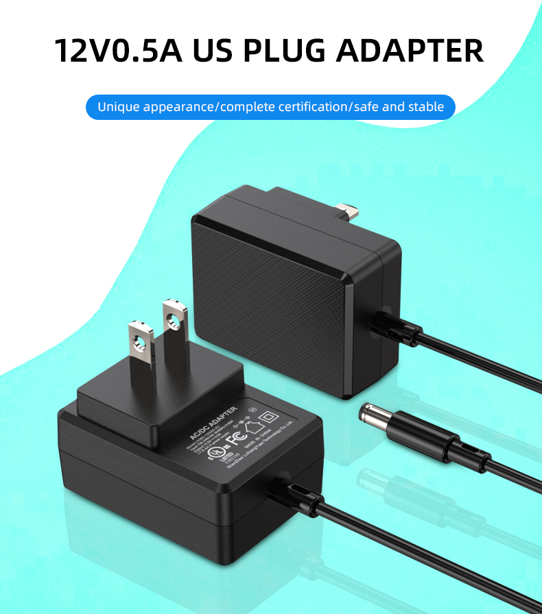 This AC adapter is rated for 12 volts and can supply a maximum current of 0.5 amperes.