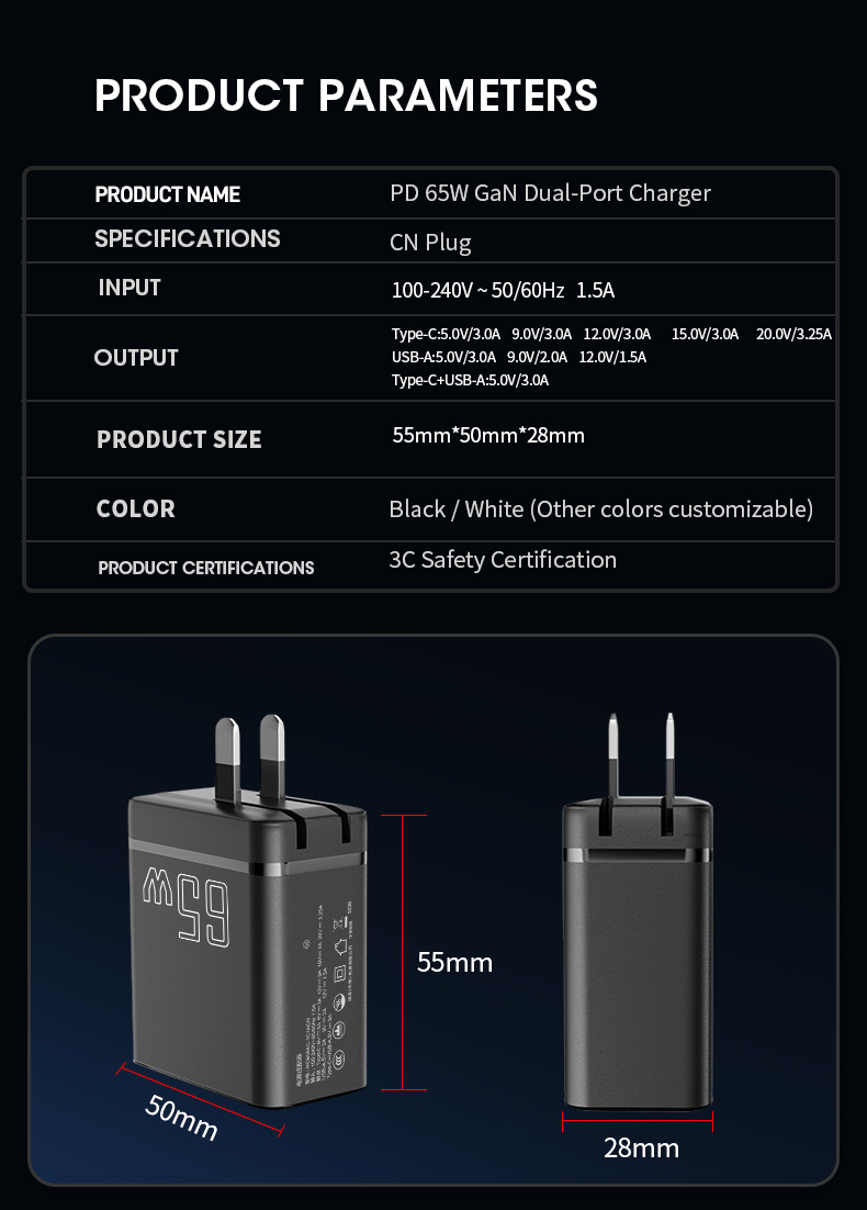 This compact, safe 65 watt charger adapter delivers stable, efficient power output, fitting most small and medium laptops and smartphones perfectly for daily and travel use.