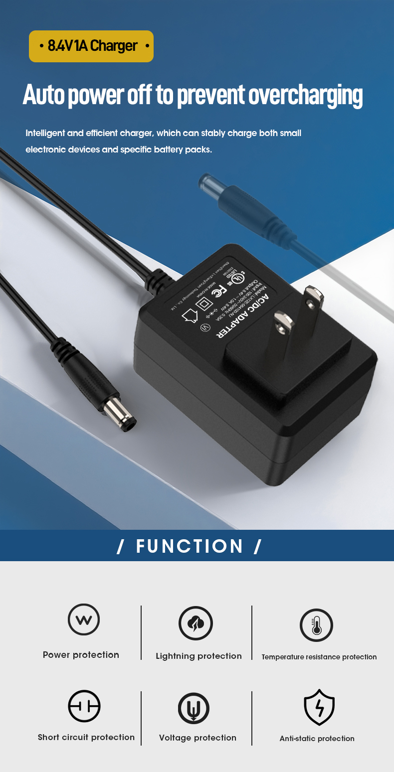 This 8.4V1A Lithium Battery Charger** safely and efficiently charges 8.4-volt Li-ion or LiPo battery packs using a 1 Amp (1000mA) current. Designed for optimal battery health, it features thermal protection and automatic charge termination. An LED often indicates charging status, making it ideal for tools, robotics, or electronics charging needs.