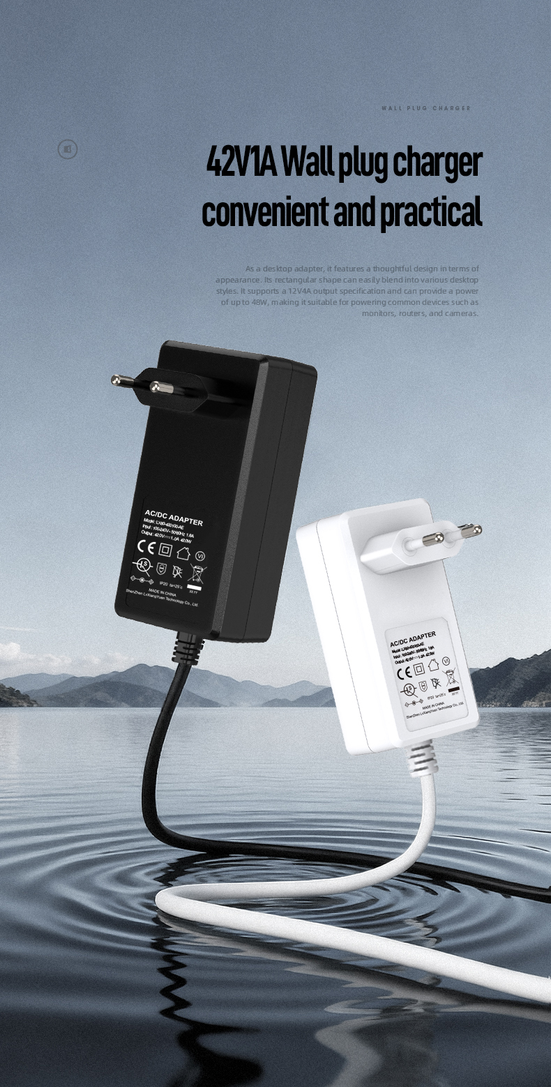 The 42V 1A Power Adapter delivers precise 42W DC power (42V × 1A) optimized for 10S Li-ion batteries (36V systems). Designed for e-bikes, scooters, and power tools, it features auto-shutoff, universal 100-240V input, and safeguards against overcurrent/overheating. CE/FCC certified for industrial-grade reliability.