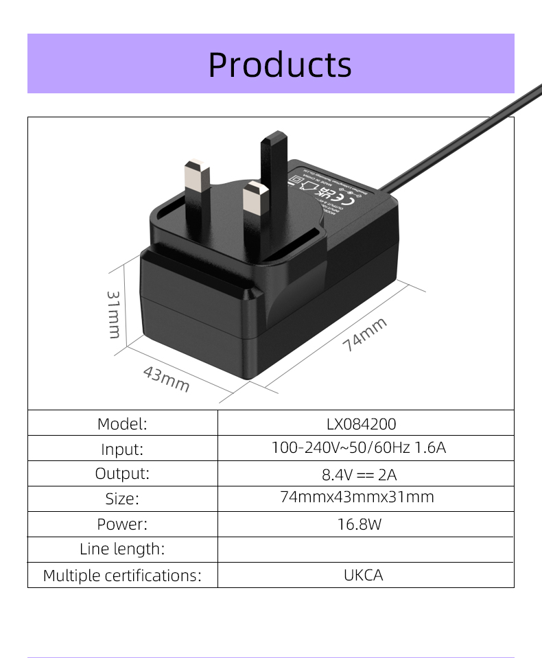 An 8.4 V DC charger is a device that can charge batteries or devices that require 8.4 volts of direct current. It typically comes with a DC cable and plugs directly into a power outlet.
