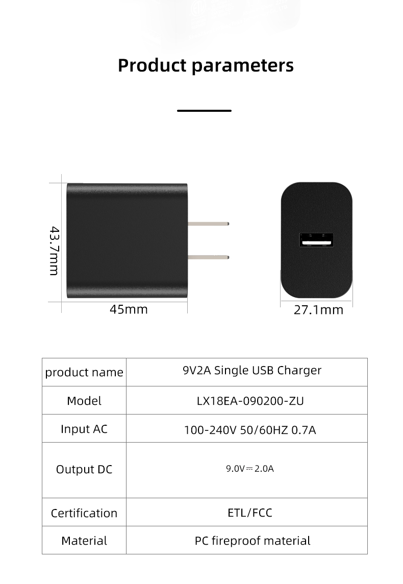 This charger has a 9V output, can deliver up to 2A of current, and has a maximum power output of 18W.
