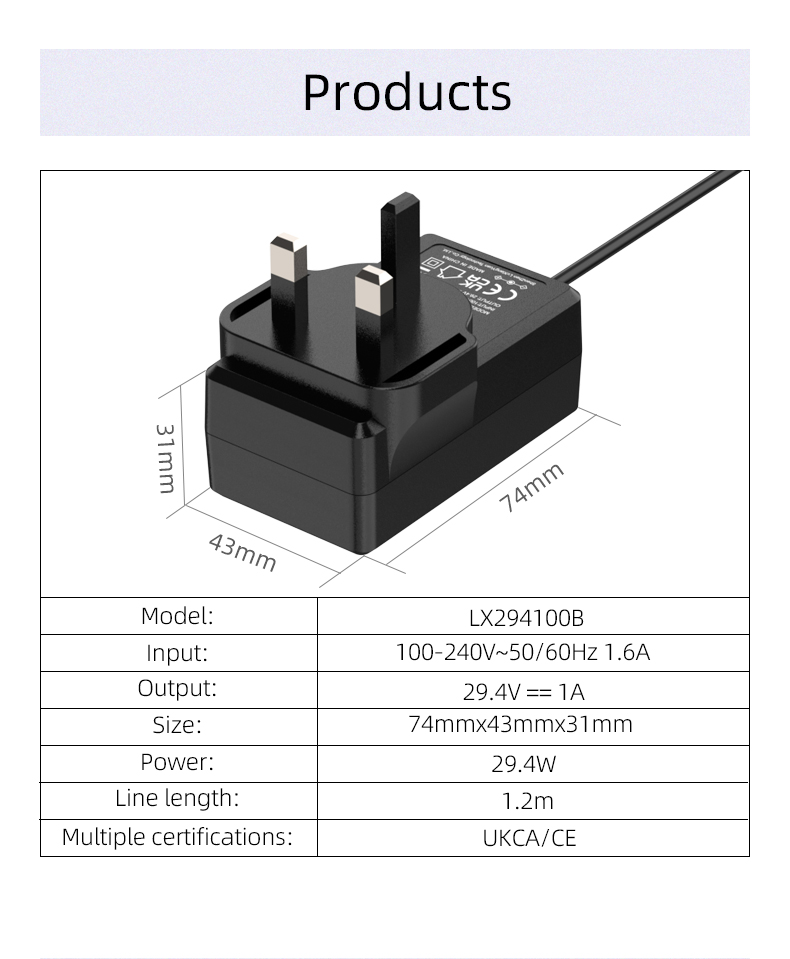 A 29.4V 1A charger is a type of charging device that is specifically designed to charge batteries that require a voltage of 29.4 volts and a current of 1 ampere. This charger is commonly used for charging lithium-ion batteries that power electric scooters, electric bicycles, and other small electric vehicles. The charger comes with various safety features, such as overcharge protection, over-current protection, and short circuit protection, to ensure that the battery is not damaged during the charging process.