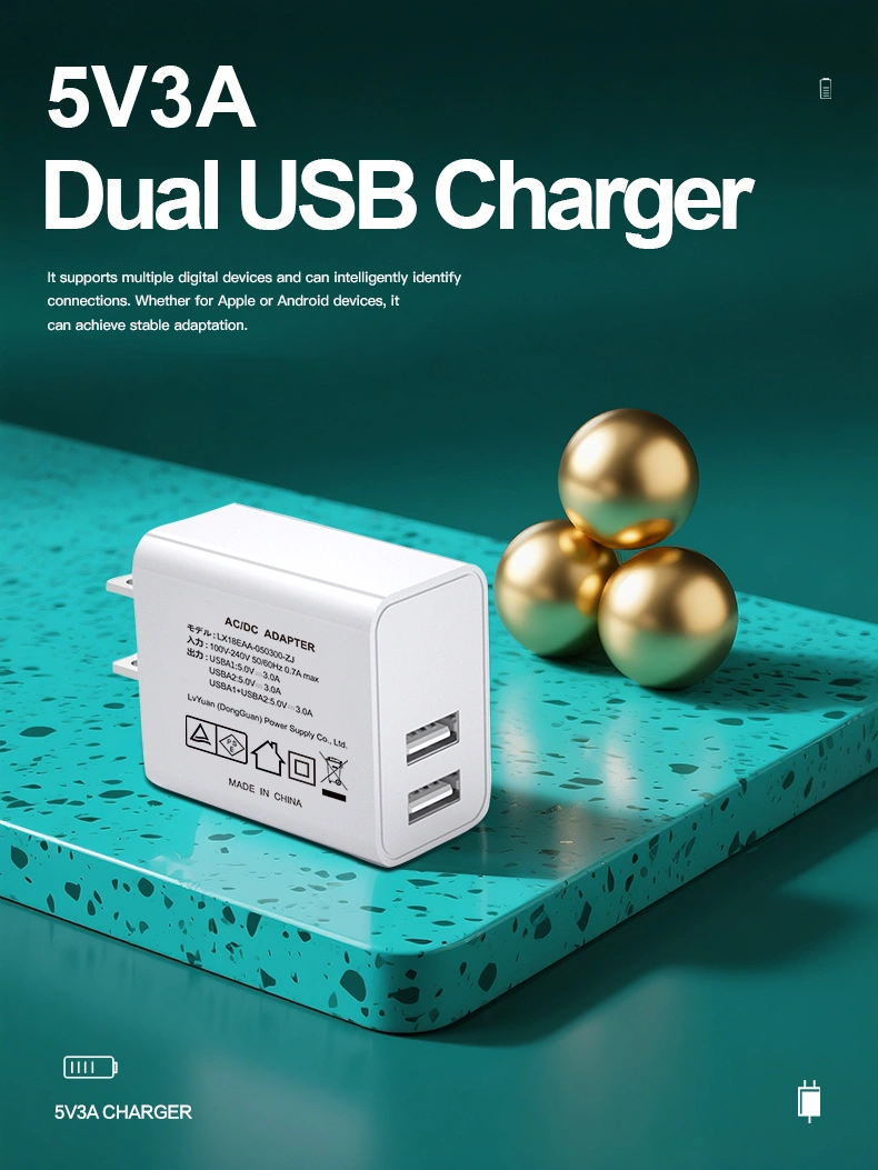 Compact wall adapter with two USB ports. Provides a combined maximum output of 5 Volts (V) at 3 Amps (A). Ideal for fast charging two smartphones, tablets, or other gadgets simultaneously. Delivers efficient power in a small size.