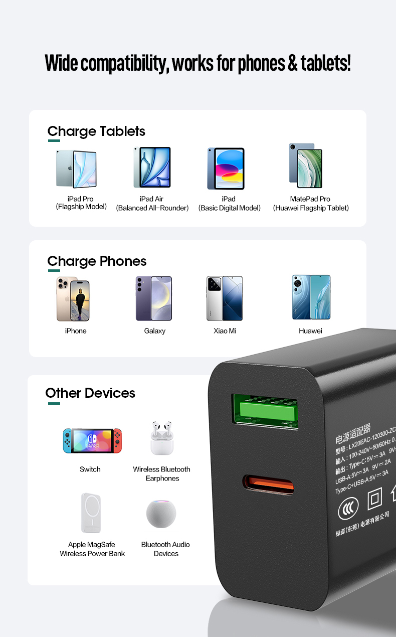 This compact 20 w charger block delivers steady, safe 20W fast output, fits most smartphones and small portable electronics, perfect for daily home use and on-the-go travel.