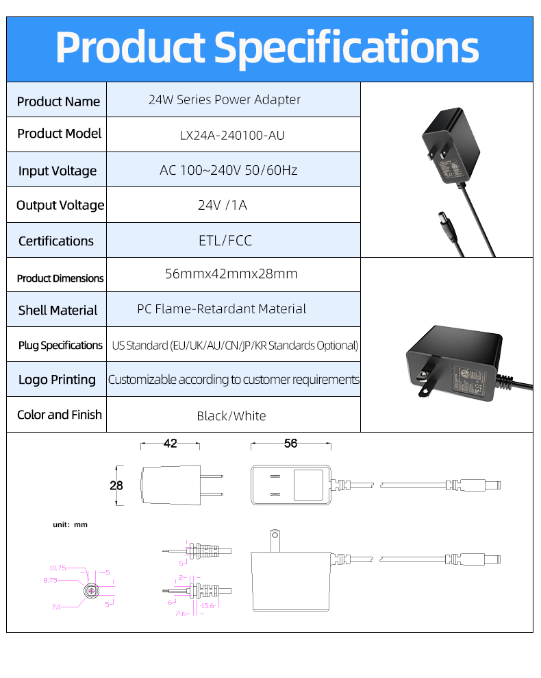 AC adapter 24V 1A converts AC input to stable 24V DC output, suitable for low-power devices, with safety certifications (UL/CE) and universal 100-240V compatibility for reliable operation.