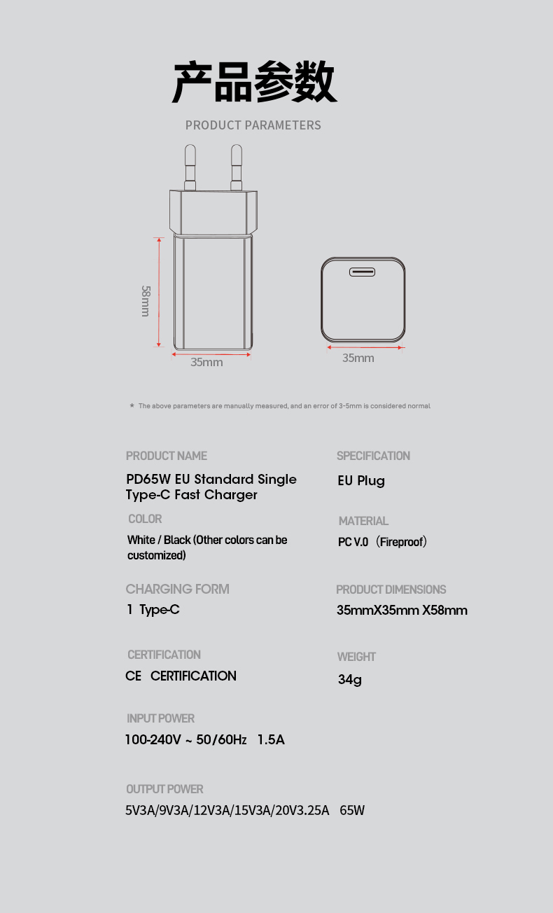 The 65W GAN Charger delivers ultra-fast USB-C PD 3.0 charging. Leveraging Gallium Nitride tech, it’s 45% smaller than standard adapters yet powers MacBook Pro to 50% in 28 minutes. Features foldable global plugs, universal 100-240V input, and OVP/OCP/SCP triple protection.