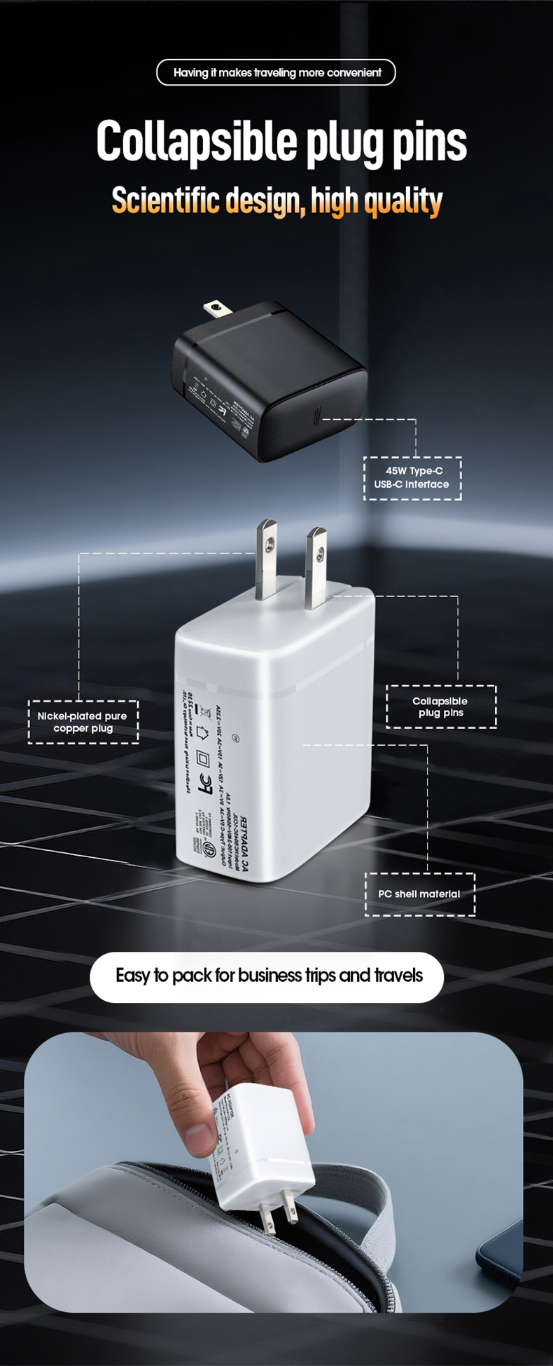 The 45W USB-C Power Charger delivers rapid charging for laptops, tablets, and phones. With Power Delivery (PD) technology, it safely powers devices up to 45W while staying cool and efficient. Compact, travel-friendly, and universally compatible, it’s the essential solution for fast, reliable power anywhere.