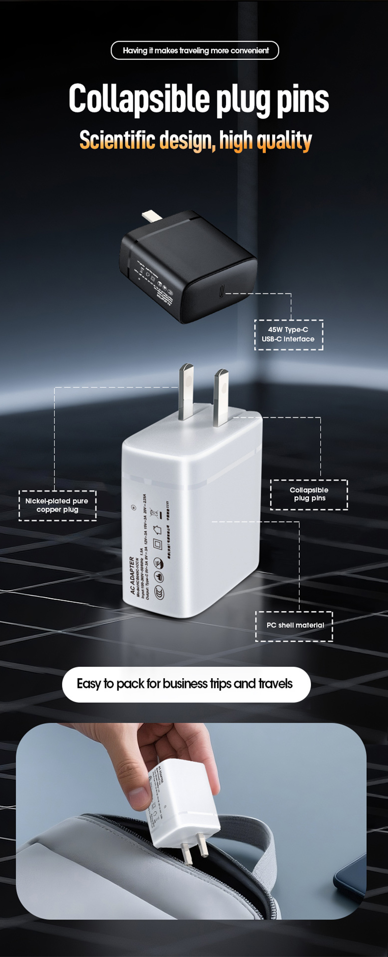 The 45W GaN wall charger delivers powerful, rapid charging using Gallium Nitride technology. It fuels laptops, tablets, and phones 50% faster while operating 40% cooler and 30% smaller than traditional chargers. Universal USB-C compatibility and travel-ready design make it ideal for home, office, or eco-conscious on-the-go power.