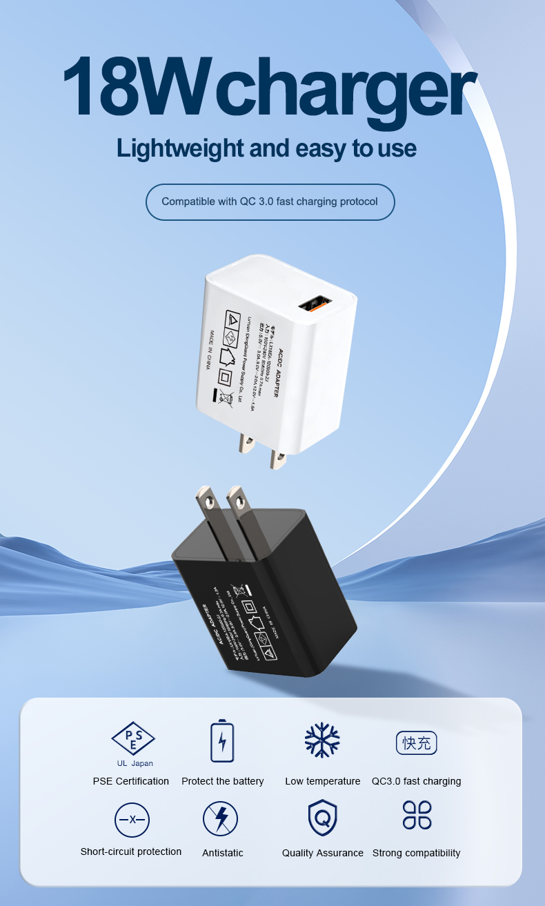 QC3.0 Fast Charger Adaptor enables rapid charging for smartphones, tablets, and USB-C devices. Compact design with overcurrent/overheat protection, universal compatibility, and FCC/CE certification for safe, efficient power delivery.