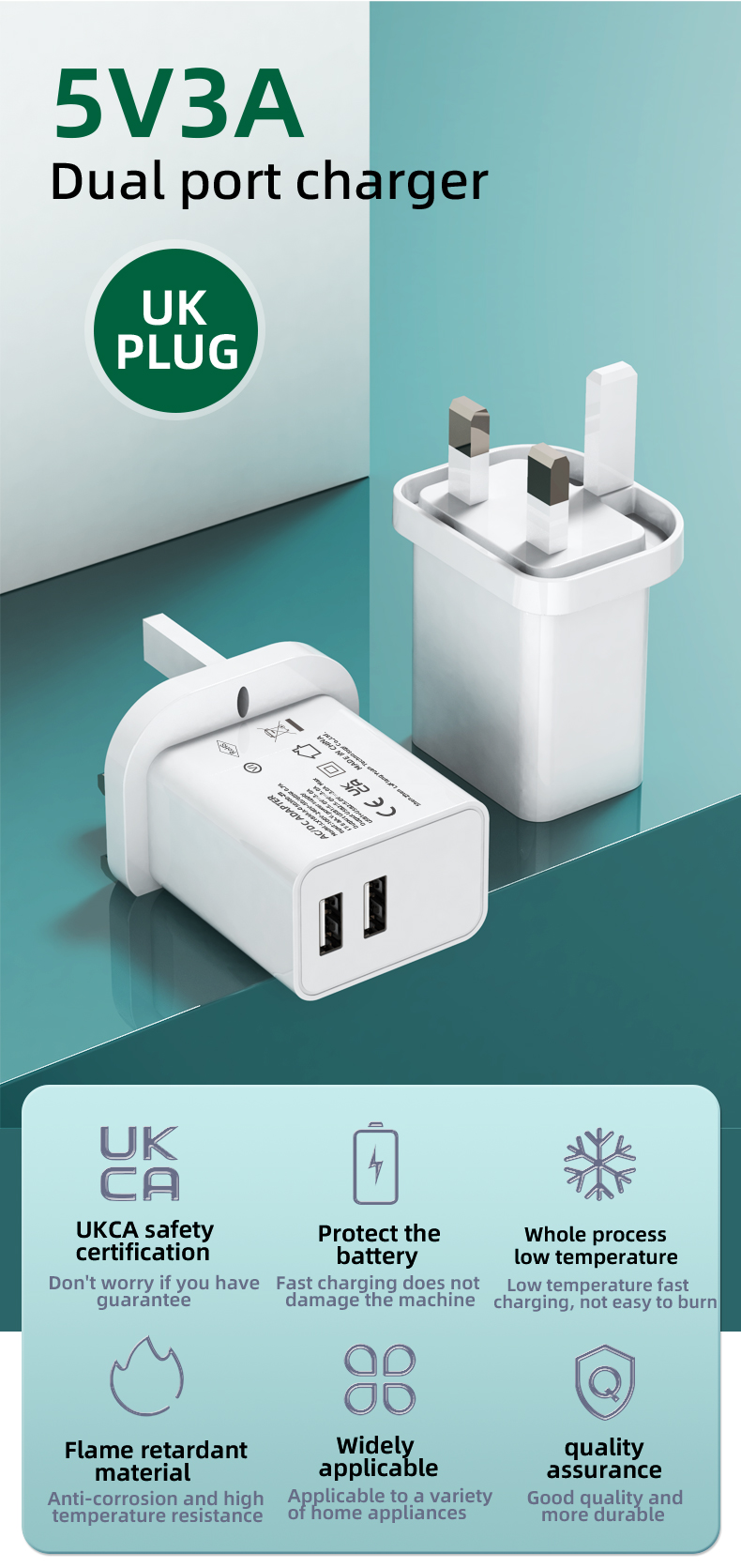 A plug that includes two ports for USB connectivity, allowing for the simultaneous charging of multiple devices.