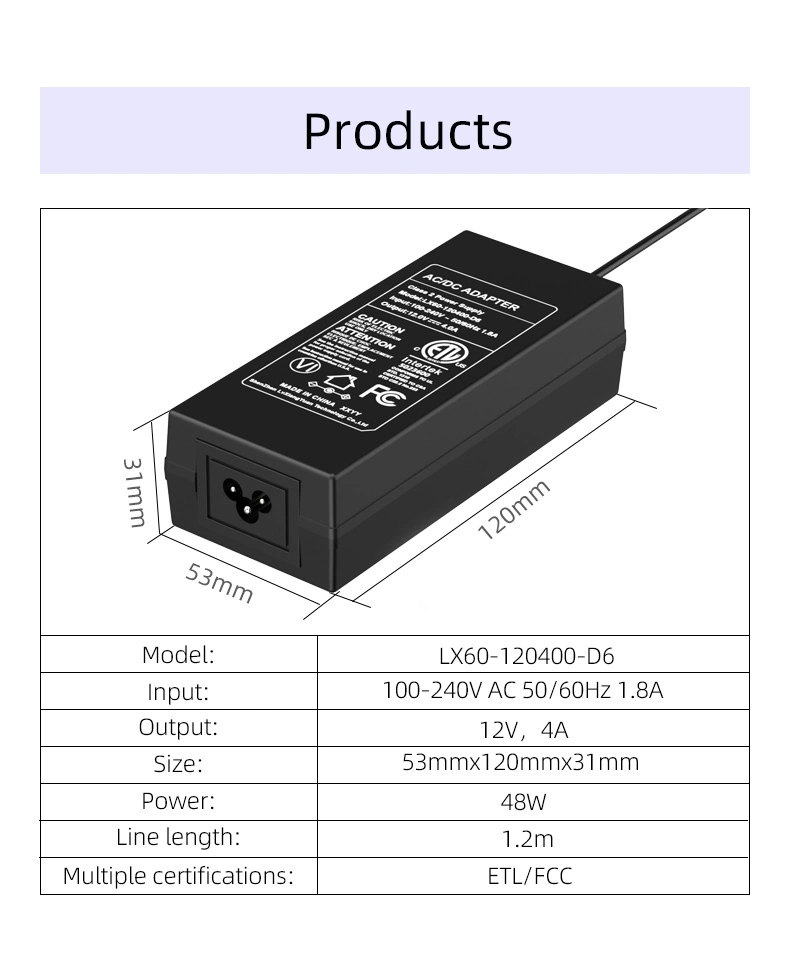 A 12V adapter 4a with a maximum output of 4 amps.
