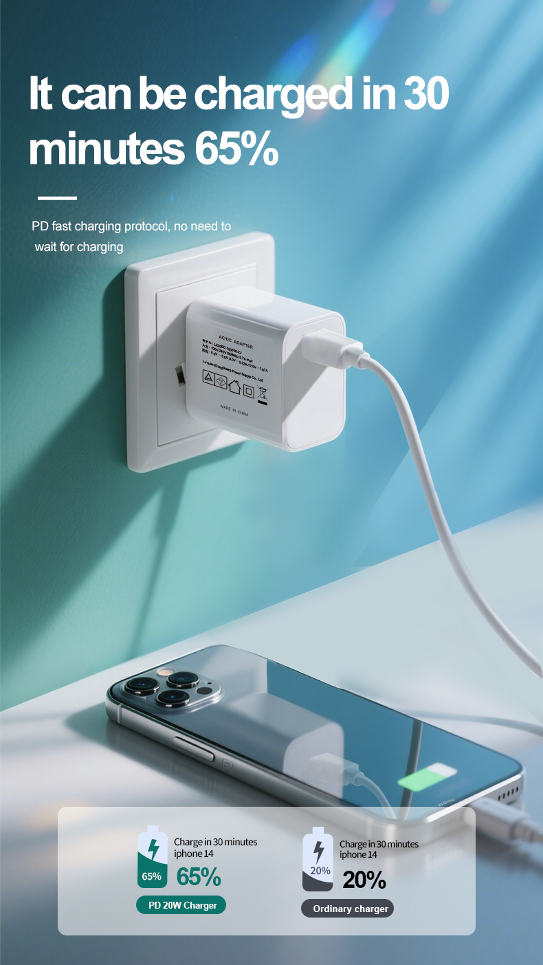 Maximize charging speed with the **PD20W Wall Charger**. This compact 20W USB-C PD wall charger offers true fast charging for supported devices. Its foldable design makes it the perfect travel companion. Forget slow chargers – rely on this efficient and portable 20W wall charger for rapid power anytime, anywhere.