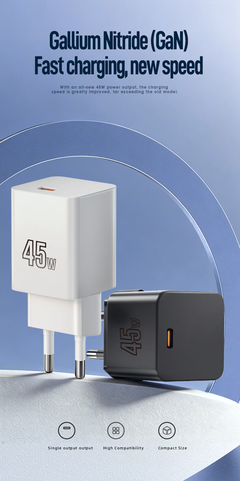 The 45W GaN Fast Charger delivers rapid USB-C PD charging for laptops. Leveraging Gallium Nitride tech, it’s credit-card sized yet powers MacBook Pro to 50% in 30 minutes. Features foldable plug, universal 100-240V input, and OVP/OCP/SCP protection.