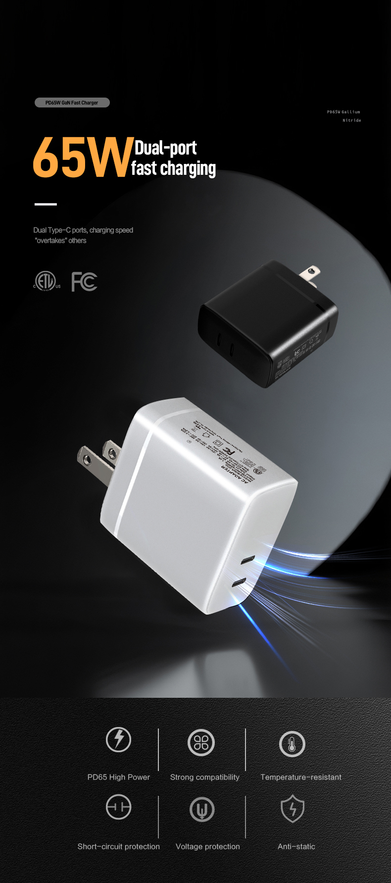 The 65W GaN Wall Charger delivers laptop-grade power in ultra-compact form. Leveraging gallium nitride technology, it charges laptops, phones, and tablets simultaneously with 90%+ efficiency. Features foldable prongs, universal voltage (100-240V), and certified safety protections (FCC/CE) for rapid, cool operation anywhere.