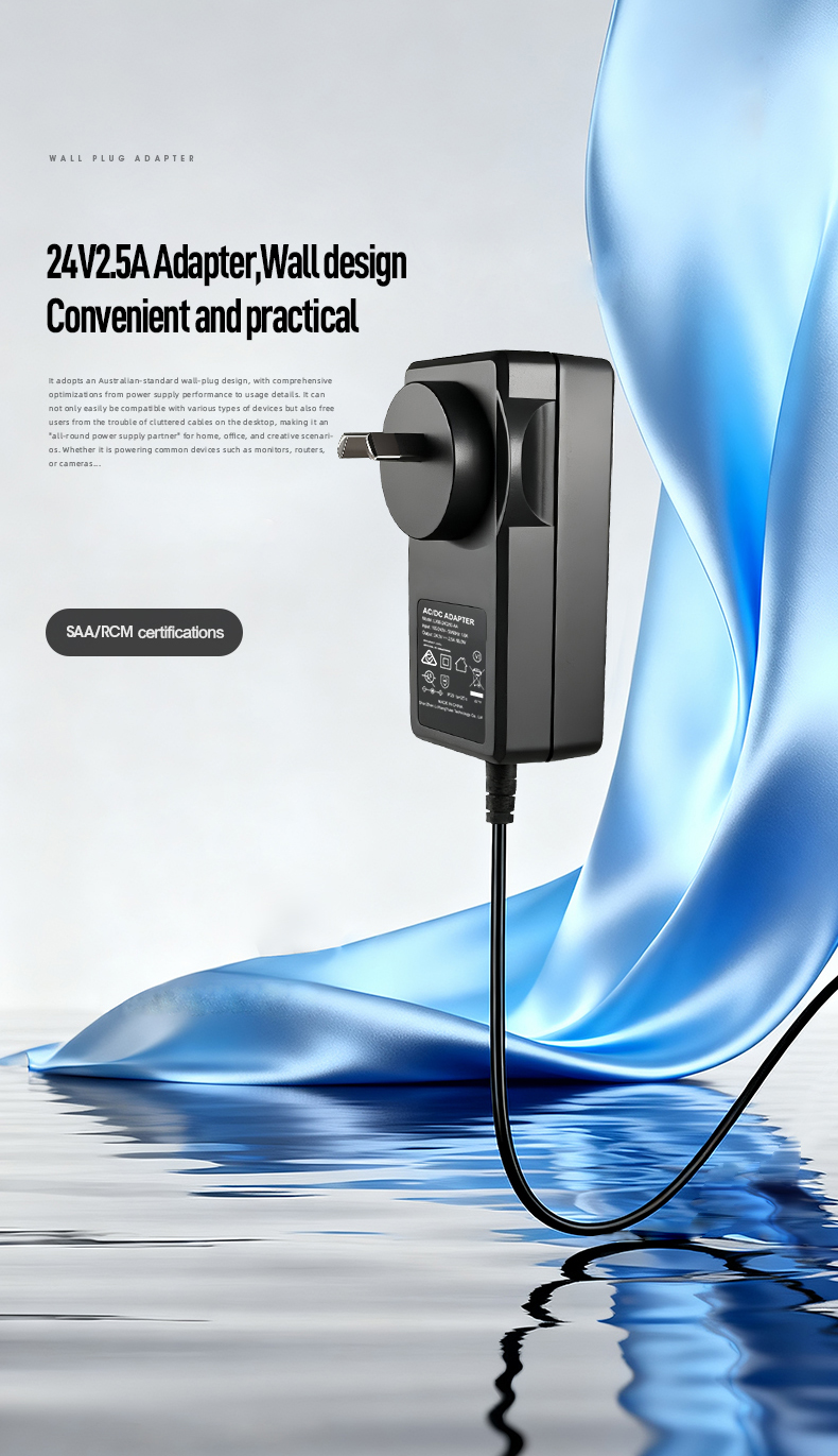 The Power Adapter 24V 2.5A delivers industrial-grade 60W DC power (24V×2.5A) for LED lighting, automation systems, and telecom equipment. Featuring universal 100-240V input, overload/short-circuit protection, and CE/FCC certification. Compact desktop design ensures stable 24V output with thermal management for 24/7 reliability.
