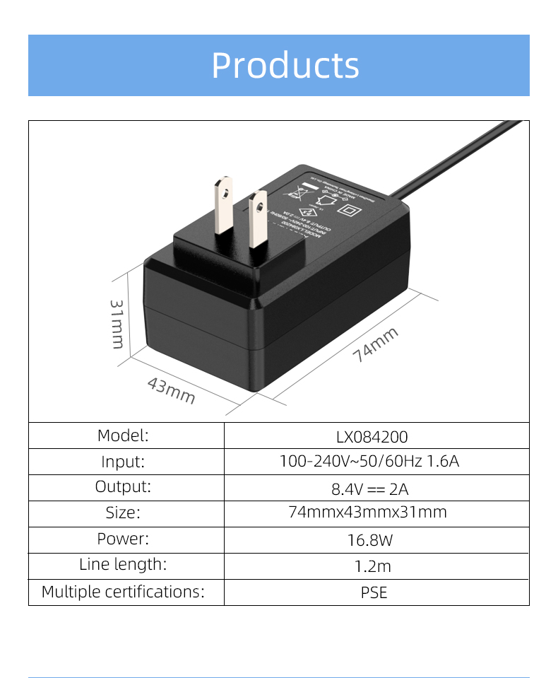 An 8.4 V DC charger is a device that can charge batteries or devices that require 8.4 volts of direct current. It typically comes with a DC cable and plugs directly into a power outlet.