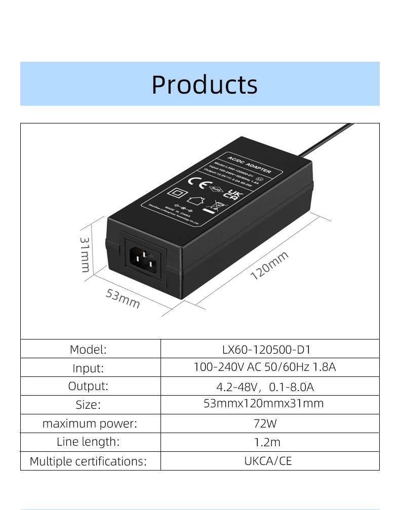 The 120VAC to 12VDC power supply converts 120 volts of alternating current into 12 volts of direct current, providing stable power for various electronic devices.