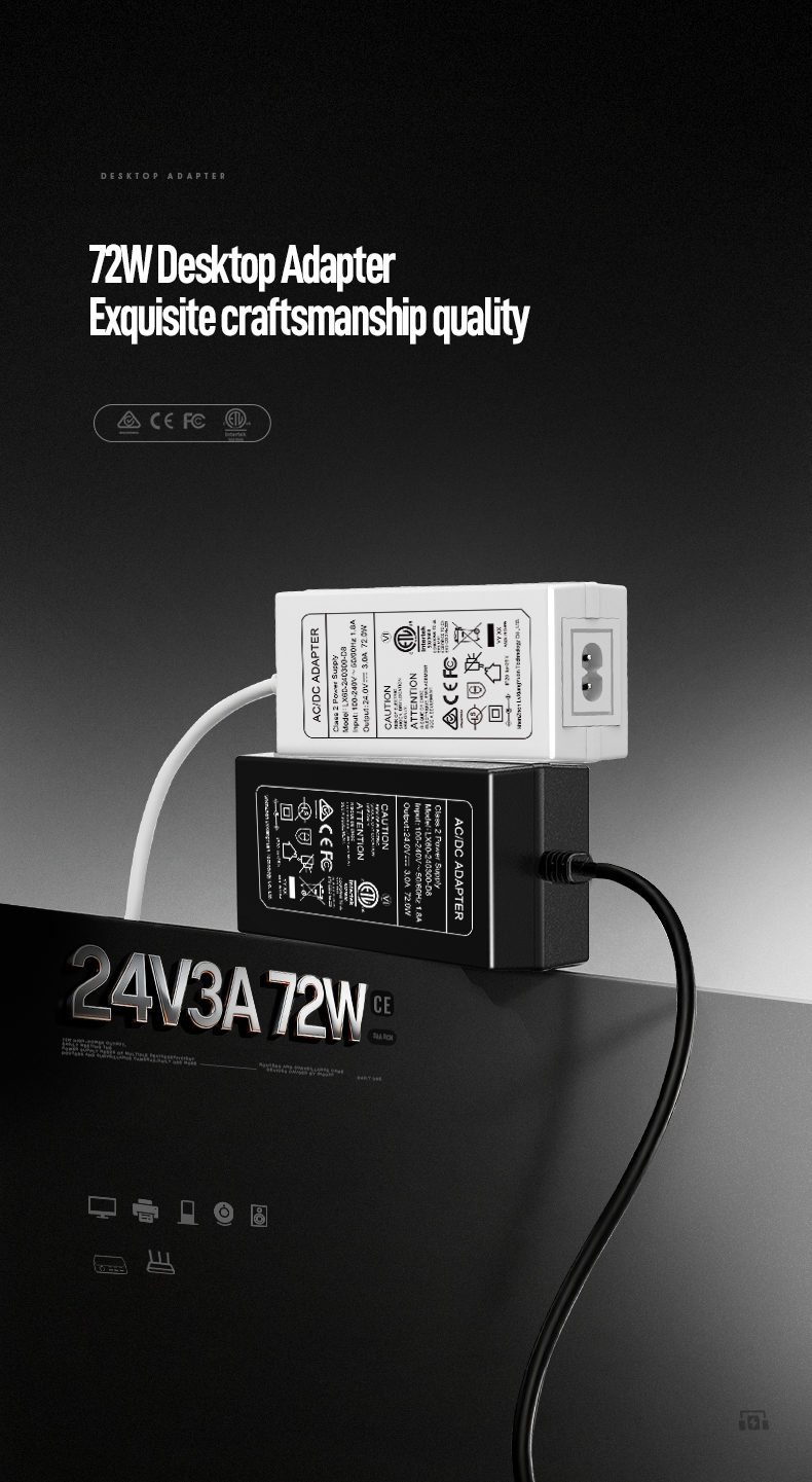 The 24V 3A DC Power Adapter delivers industrial-grade 72W power (24V×3A) for CCTV systems, routers, and automation controllers. Featuring universal 100-240V input, overload/short-circuit protection, and CE/FCC certification. Includes a 2.1mm DC plug for reliable connectivity in commercial/industrial environments.