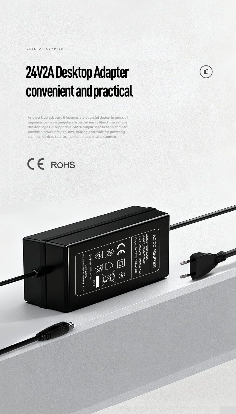 The 24 volt 2 amp power supply converts 100-240V AC input to stable 24V/2A DC output, delivering 48W for industrial PLCs, medical devices, and automation systems. Featuring 90% efficiency, over-voltage/surge protection, and operation from -20°C to 70°C. Certified by CE, FCC, and RoHS for global safety compliance.
