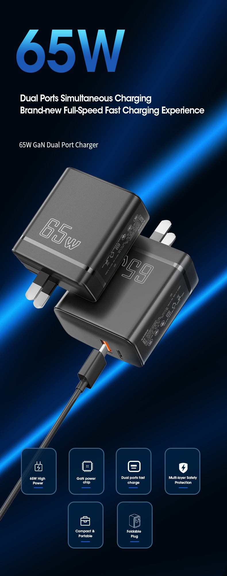 This compact, safe 65w usb type c charger delivers stable high-efficiency fast power, fitting most small laptops, smartphones and tablets perfectly for daily use and travel.