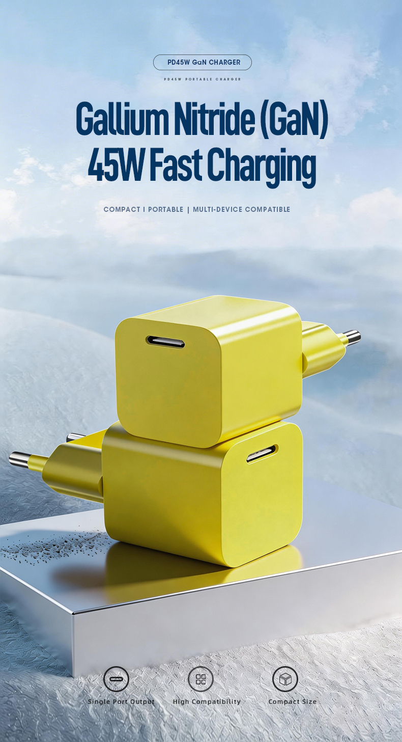 The charger 45 watt delivers rapid USB-C PD 3.0 charging. Leveraging GaN technology, it’s 40% smaller than Apple’s adapter yet powers MacBook Pro to 50% in 30 minutes. Features foldable plug, universal 100-240V input, and OVP/OCP/SCP protection.