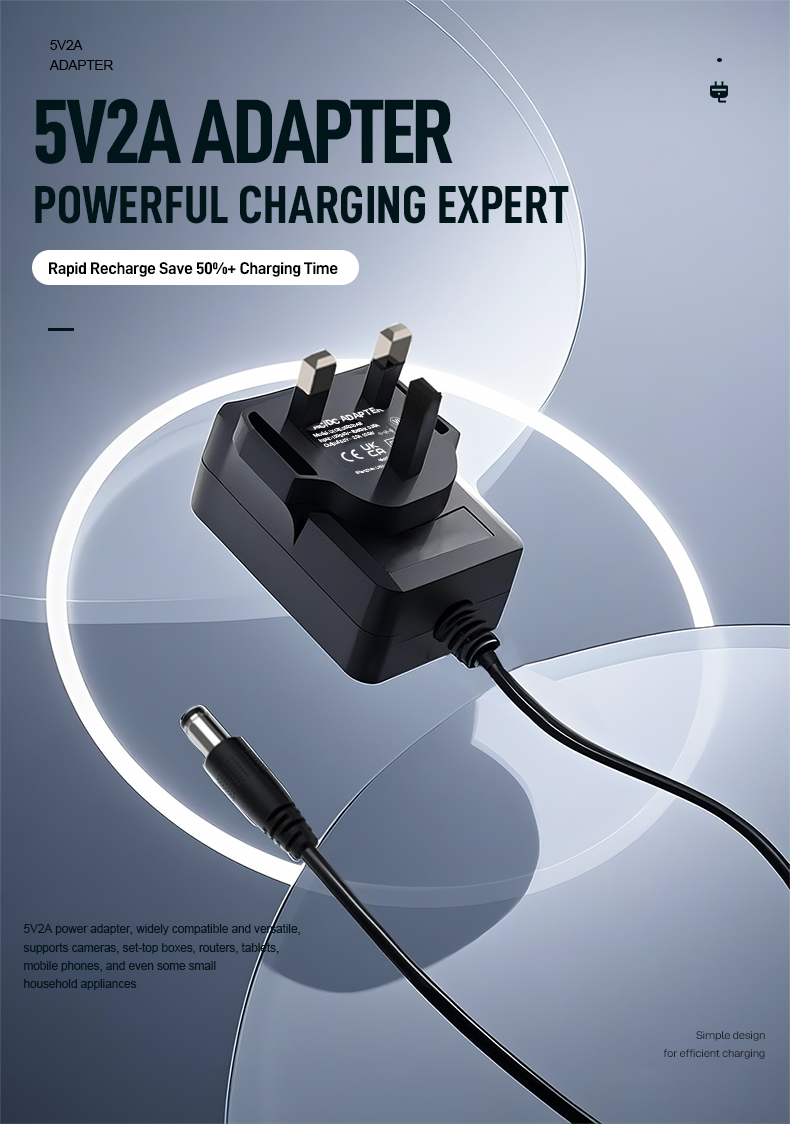 This compact 5v 2amp 10w power adapter** delivers stable DC power to devices like LED strips, routers, and IoT hubs. Its switching design ensures high efficiency, cool operation, and precise voltage regulation. With universal 100-240V input, over-current protection, and certifications (UL/CE/RoHS), it's a reliable solution for global 10-watt applications.