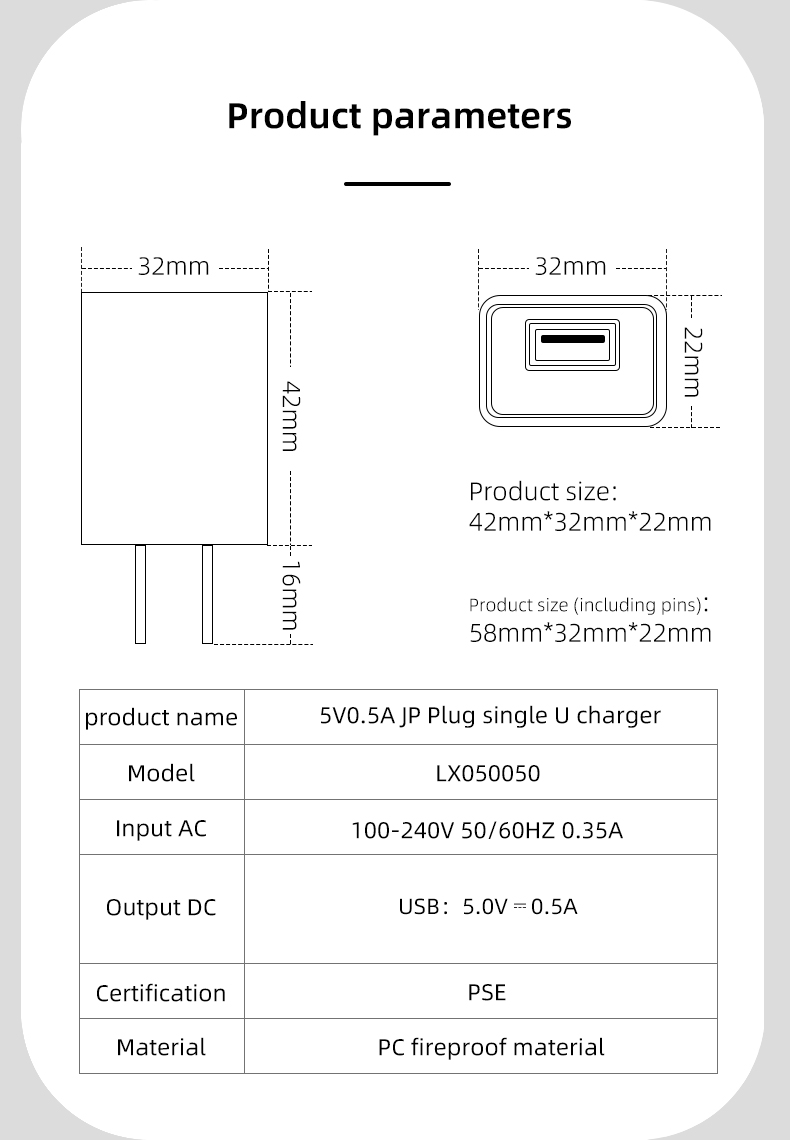 This USB charger provides 5 volts of power and a maximum current of 500 milliamps for efficient charging of compatible devices.