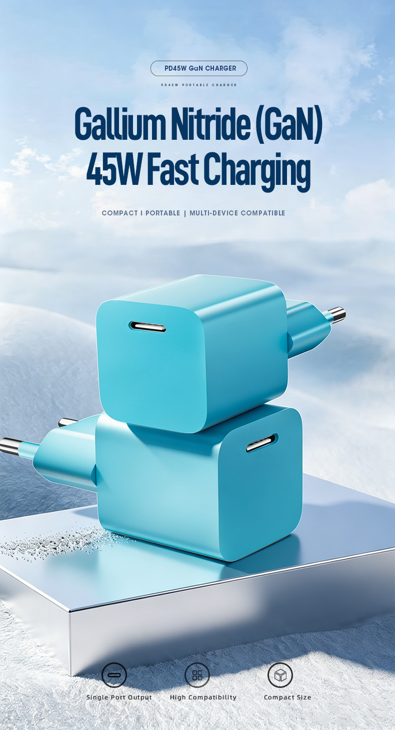 This high-efficiency 45 watt power adapter delivers stable power output, compatible with phones, small laptops and tablets, with a compact design ideal for daily use and travel.