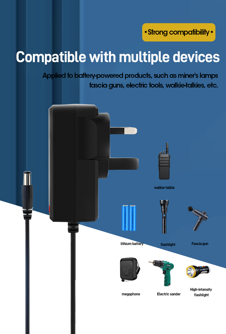 This versatile 12.6V 1A Li-ion battery charger acts as both a DC 12.6V 1A lithium battery charger and an AC/DC 12.6V 1A power supply adapter for efficient charging in any setting.