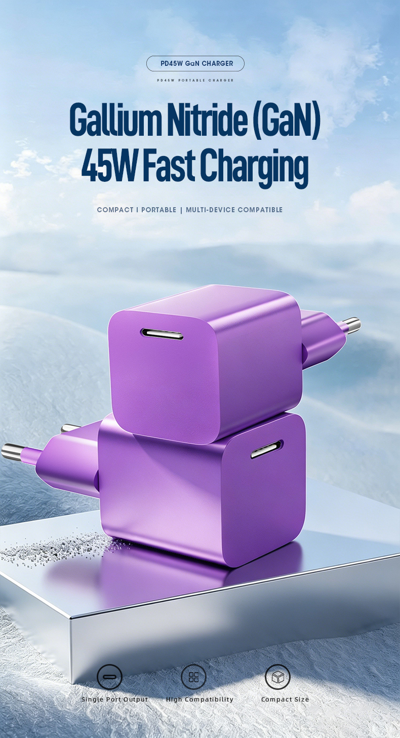 This lightweight 45w portable charger delivers fast stable power for phones, tablets and small laptops, easy to carry around, perfect for daily use and outdoor travel.