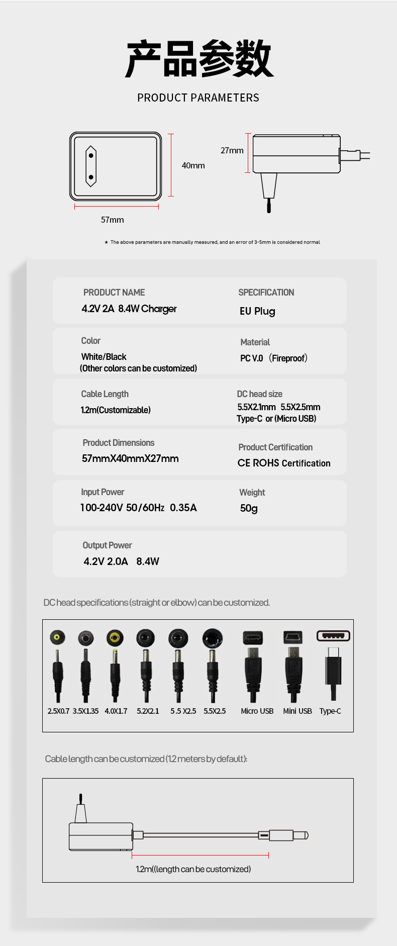 A specialized 4.2V 2A Lithium Battery Charger designed primarily for 18650 Li-Ion cells, delivering a standard 4.2V @ 2A for efficient and safe single-cell charging.