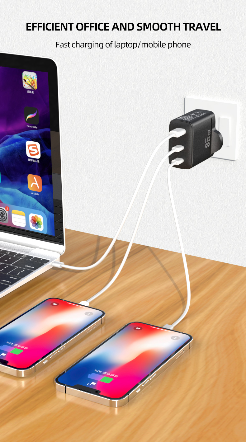 The 65w PD charger can be used to charge electronic devices that support USB Power Delivery technology, such as laptops and smartphones. Its high-power fast output can greatly reduce charging time and effectively improve user charging efficiency. At the same time, the 65w PD charger is also very suitable for travel and business occasions, making it convenient to meet users' mobile charging needs.